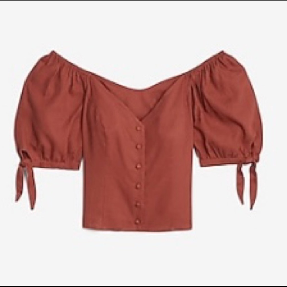 EXPRESS LINEN-BLEND OFF THE SHOULDER TIE SLEEVE TOP